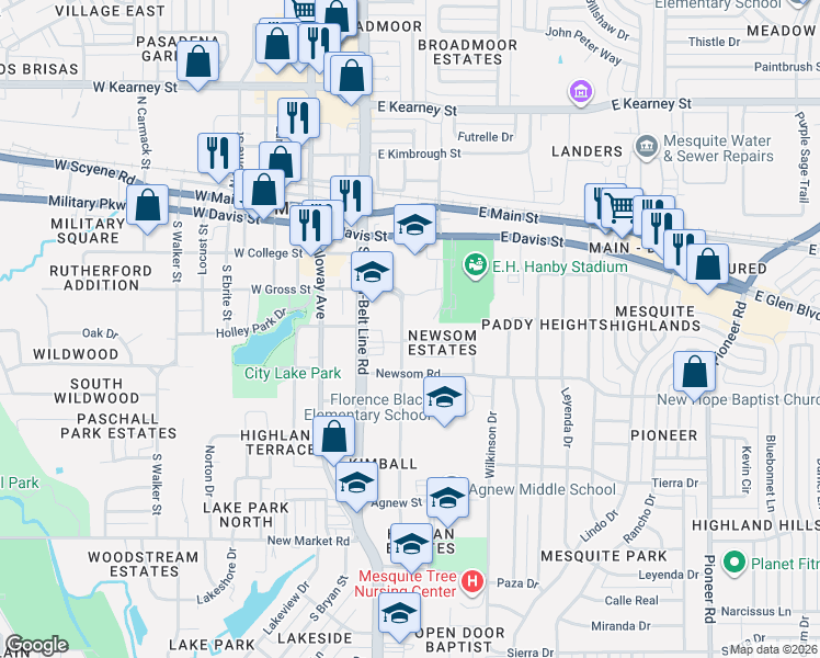 map of restaurants, bars, coffee shops, grocery stores, and more near 430 Carver Street in Mesquite
