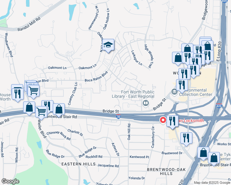 map of restaurants, bars, coffee shops, grocery stores, and more near 5954 Callaston Lane in Fort Worth