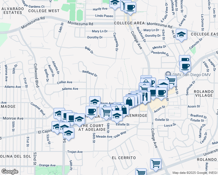 map of restaurants, bars, coffee shops, grocery stores, and more near 5740 Adams Avenue in San Diego
