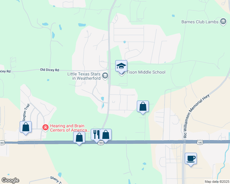 map of restaurants, bars, coffee shops, grocery stores, and more near 2129 Holly Oaks Lane in Weatherford