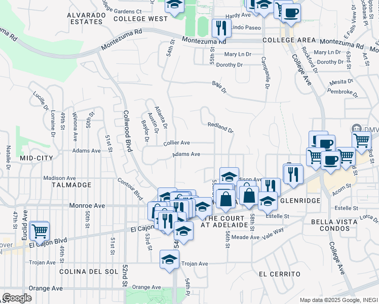 map of restaurants, bars, coffee shops, grocery stores, and more near 5440 Adams Avenue in San Diego