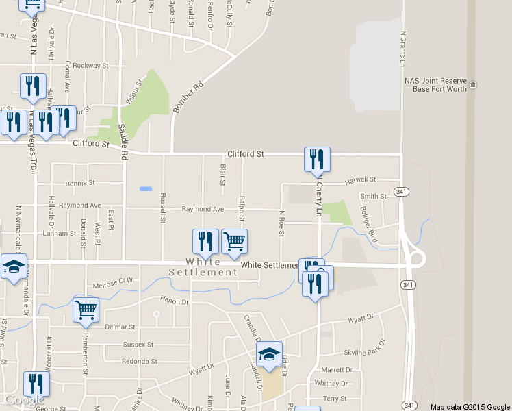 map of restaurants, bars, coffee shops, grocery stores, and more near 8032 Raymond Avenue in Fort Worth