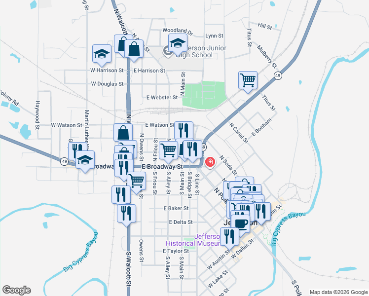 map of restaurants, bars, coffee shops, grocery stores, and more near 202 North Main Street in Jefferson