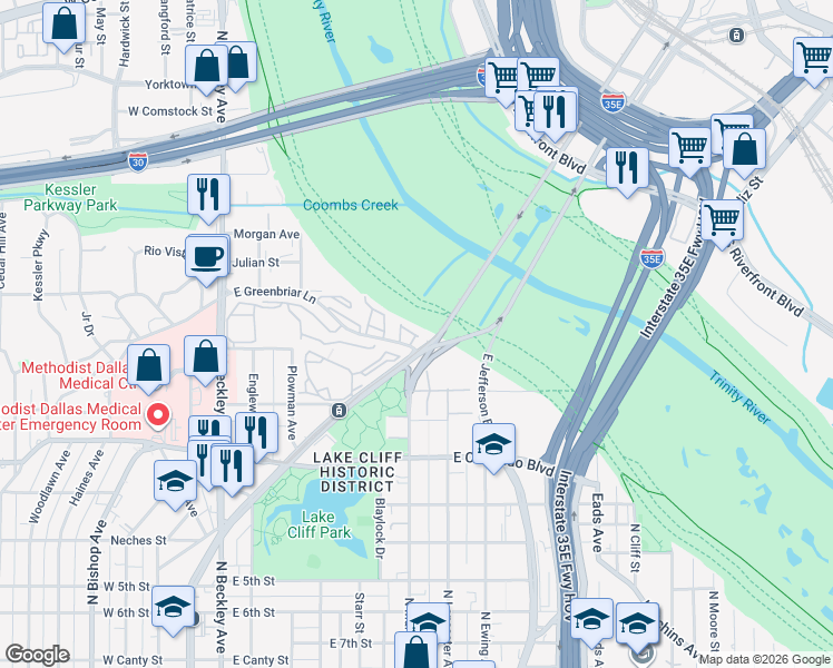 map of restaurants, bars, coffee shops, grocery stores, and more near 408 Trinity River Circle in Dallas