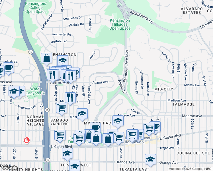 map of restaurants, bars, coffee shops, grocery stores, and more near 4664 East Talmadge Drive in San Diego