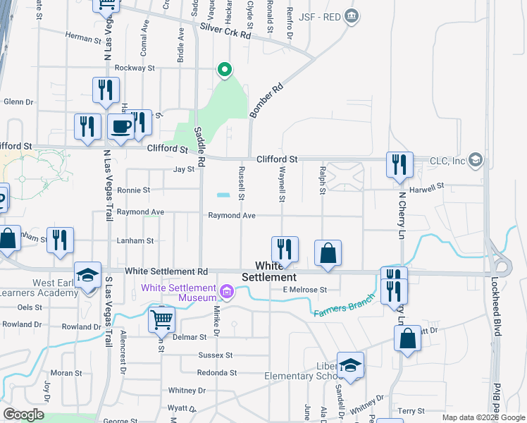 map of restaurants, bars, coffee shops, grocery stores, and more near 8208 Raymond Avenue in Fort Worth