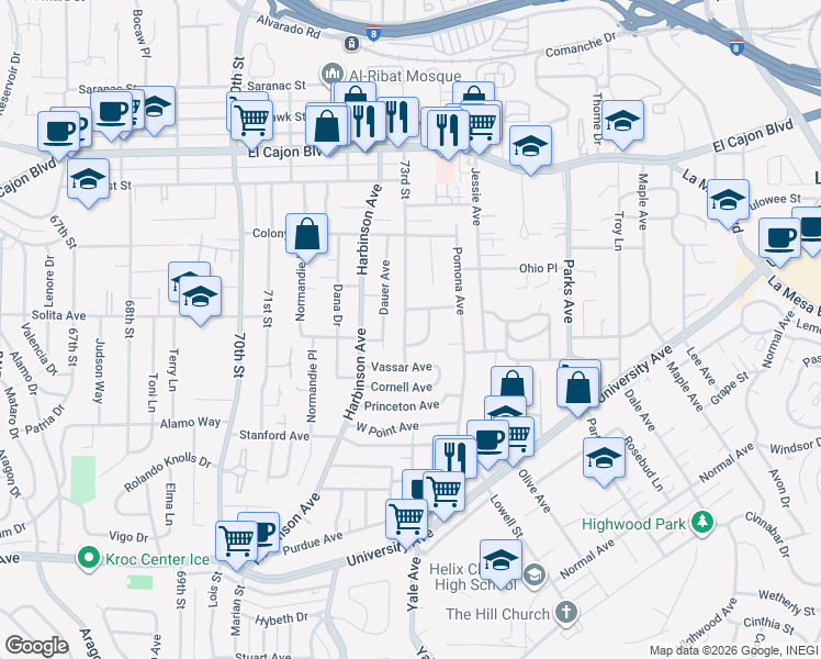 map of restaurants, bars, coffee shops, grocery stores, and more near 4625 73rd Street in La Mesa