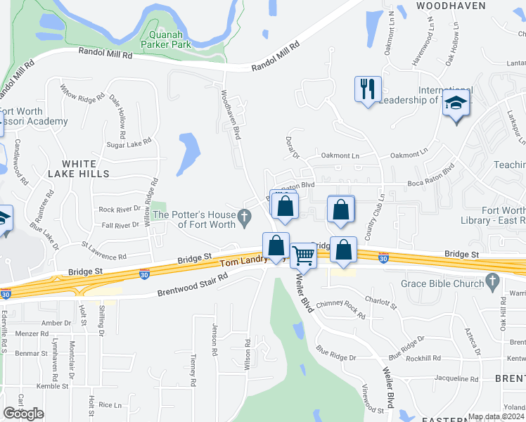 map of restaurants, bars, coffee shops, grocery stores, and more near 1208 Woodhaven Boulevard in Fort Worth