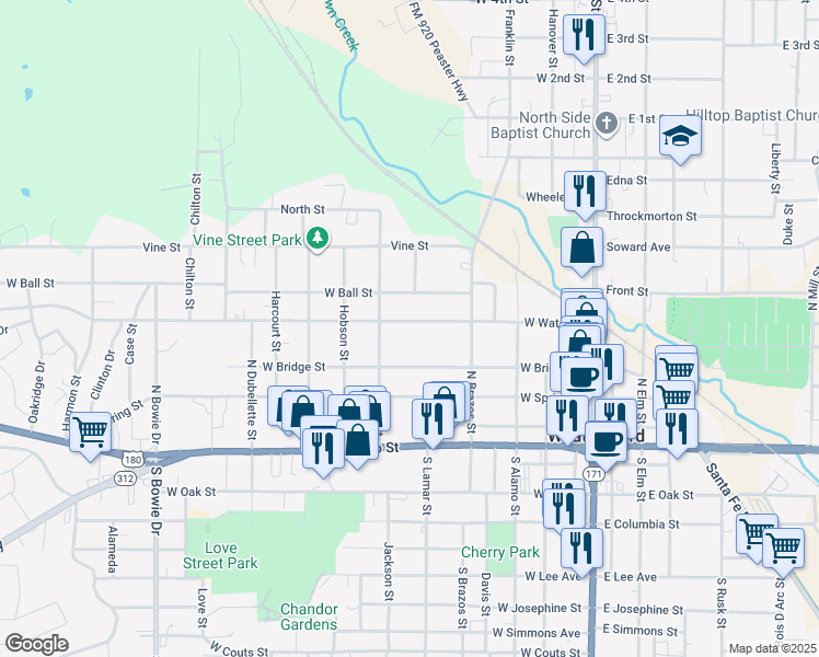 map of restaurants, bars, coffee shops, grocery stores, and more near 509 West Water Street in Weatherford