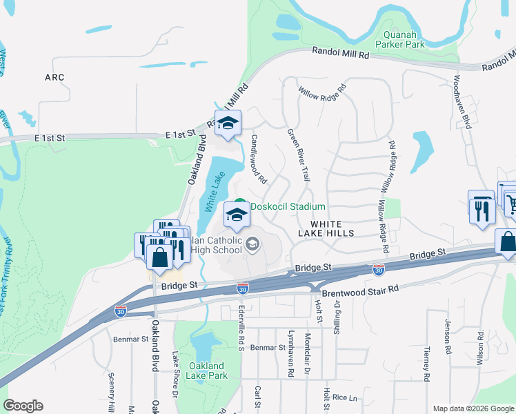 map of restaurants, bars, coffee shops, grocery stores, and more near 904 Blue Lake Drive in Fort Worth