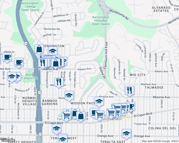 map of restaurants, bars, coffee shops, grocery stores, and more near 4664 East Talmadge Drive in San Diego