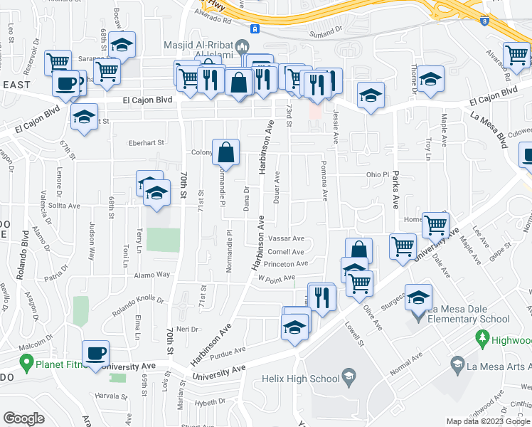map of restaurants, bars, coffee shops, grocery stores, and more near 4623 Harbinson Avenue in La Mesa
