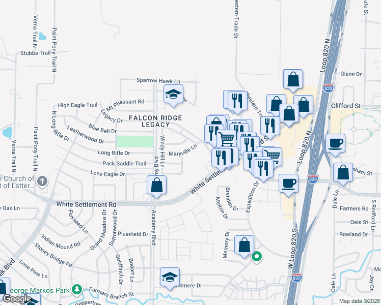 map of restaurants, bars, coffee shops, grocery stores, and more near 9717 Maryville Lane in Fort Worth