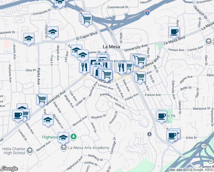 map of restaurants, bars, coffee shops, grocery stores, and more near 8671 Lemon Avenue in La Mesa