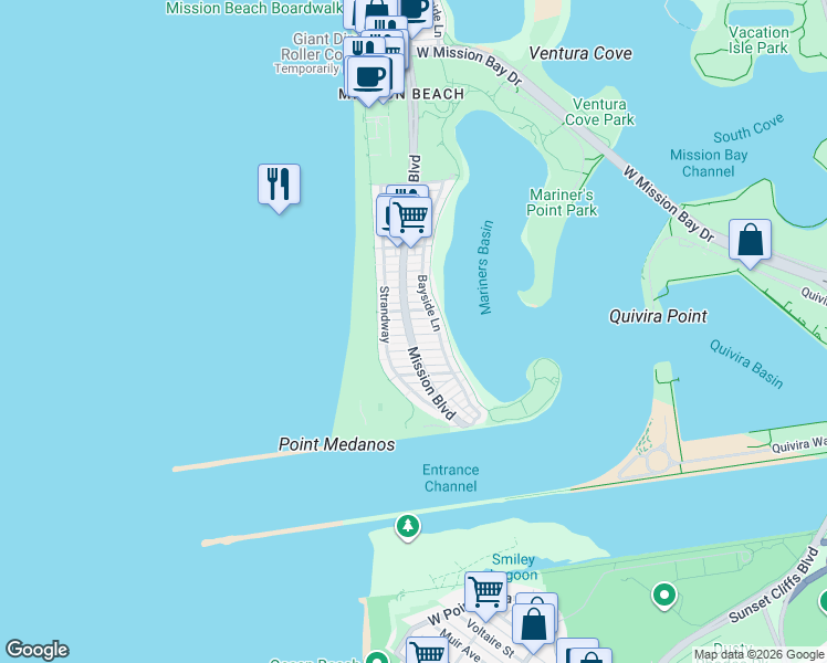 map of restaurants, bars, coffee shops, grocery stores, and more near in San Diego