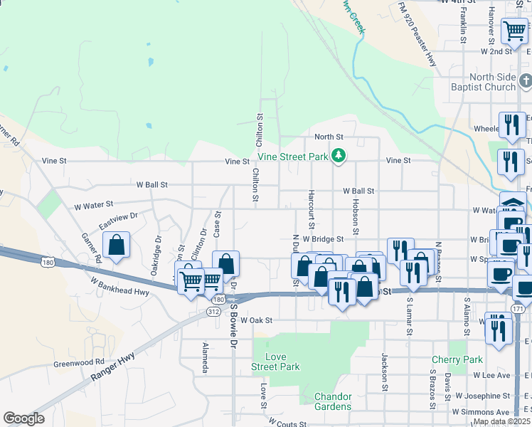map of restaurants, bars, coffee shops, grocery stores, and more near 1107 West Water Street in Weatherford