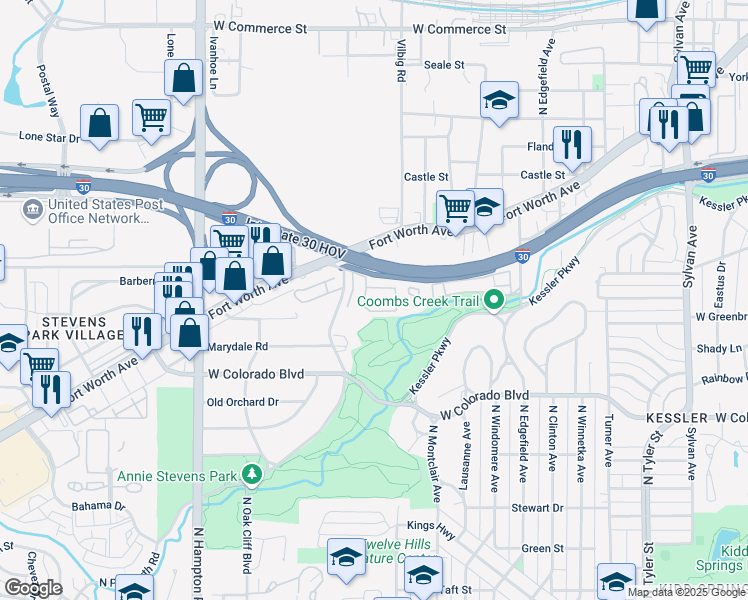 map of restaurants, bars, coffee shops, grocery stores, and more near 1442 Winding Brook Circle in Dallas