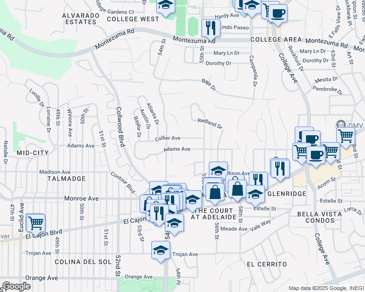 map of restaurants, bars, coffee shops, grocery stores, and more near 5440 Adams Avenue in San Diego