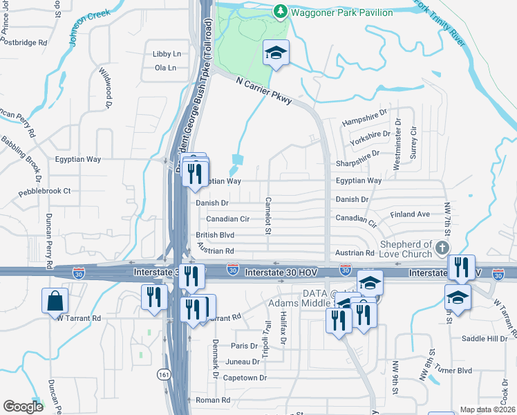 map of restaurants, bars, coffee shops, grocery stores, and more near 1509 Danish Drive in Grand Prairie