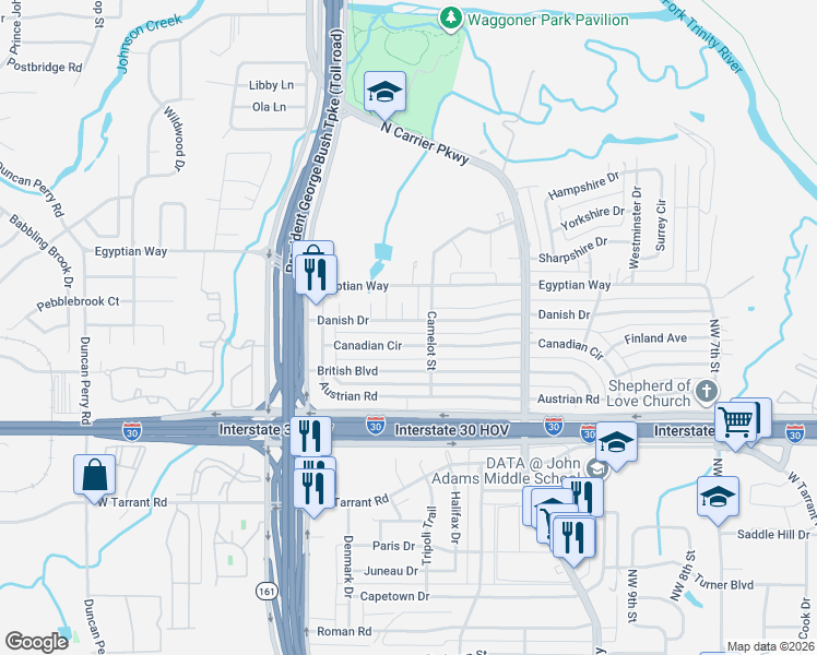 map of restaurants, bars, coffee shops, grocery stores, and more near 1509 Danish Drive in Grand Prairie