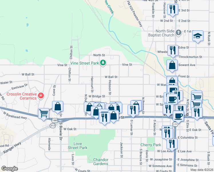 map of restaurants, bars, coffee shops, grocery stores, and more near 705 West Water Street in Weatherford