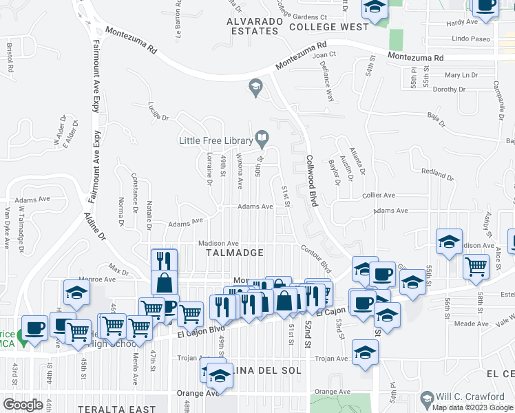map of restaurants, bars, coffee shops, grocery stores, and more near Adams Avenue & 50th Street in San Diego