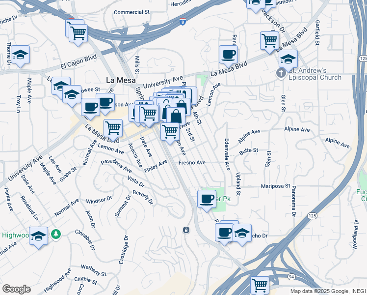 map of restaurants, bars, coffee shops, grocery stores, and more near 4637 Palm Avenue in La Mesa