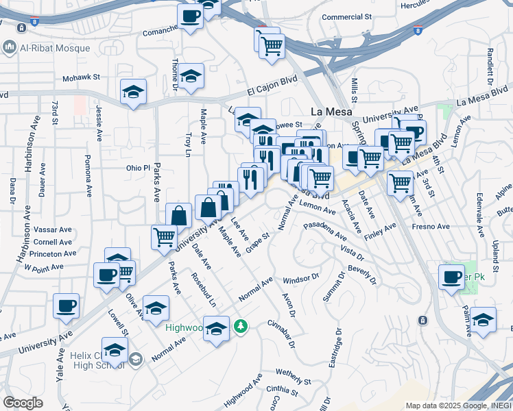 map of restaurants, bars, coffee shops, grocery stores, and more near 7851 University Avenue in La Mesa