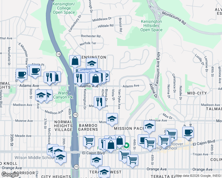 map of restaurants, bars, coffee shops, grocery stores, and more near 4688 Vista Street in San Diego