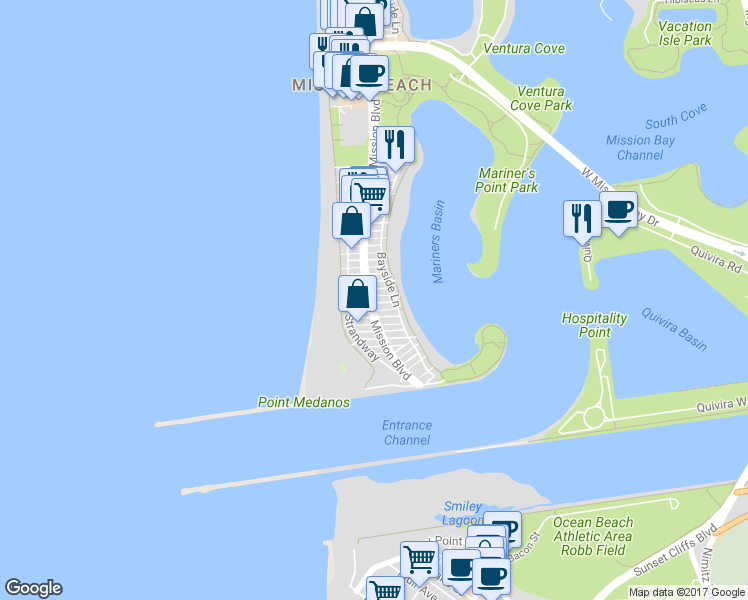 map of restaurants, bars, coffee shops, grocery stores, and more near 805 Brighton Court in San Diego