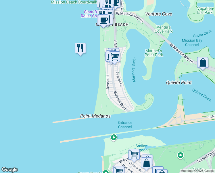 map of restaurants, bars, coffee shops, grocery stores, and more near 2742 Strandway in San Diego