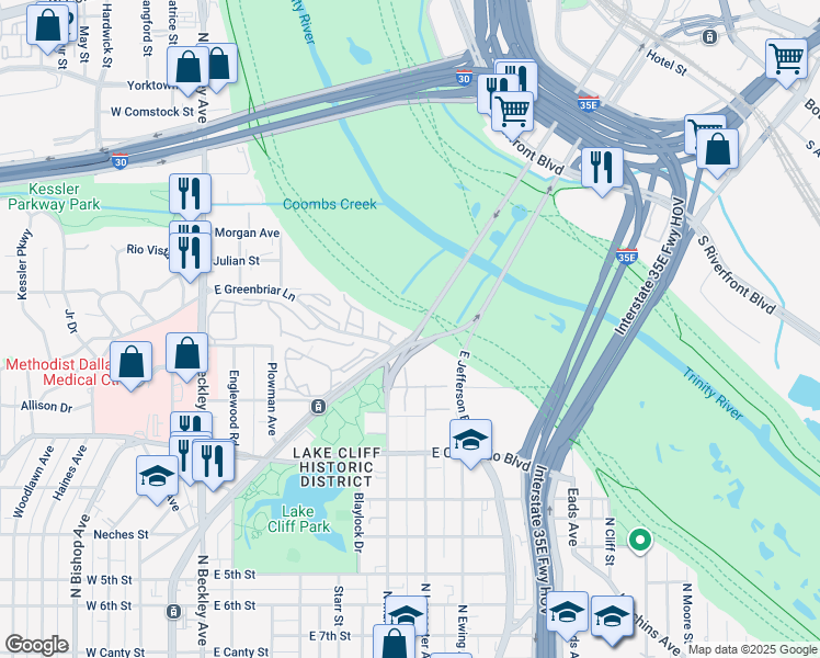 map of restaurants, bars, coffee shops, grocery stores, and more near 1500 North Zang Boulevard in Dallas