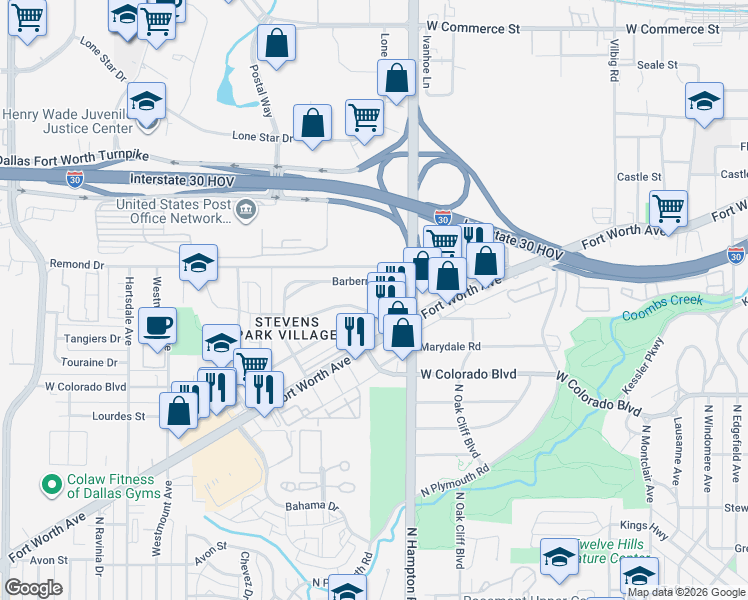 map of restaurants, bars, coffee shops, grocery stores, and more near 2115 Leander Drive in Dallas