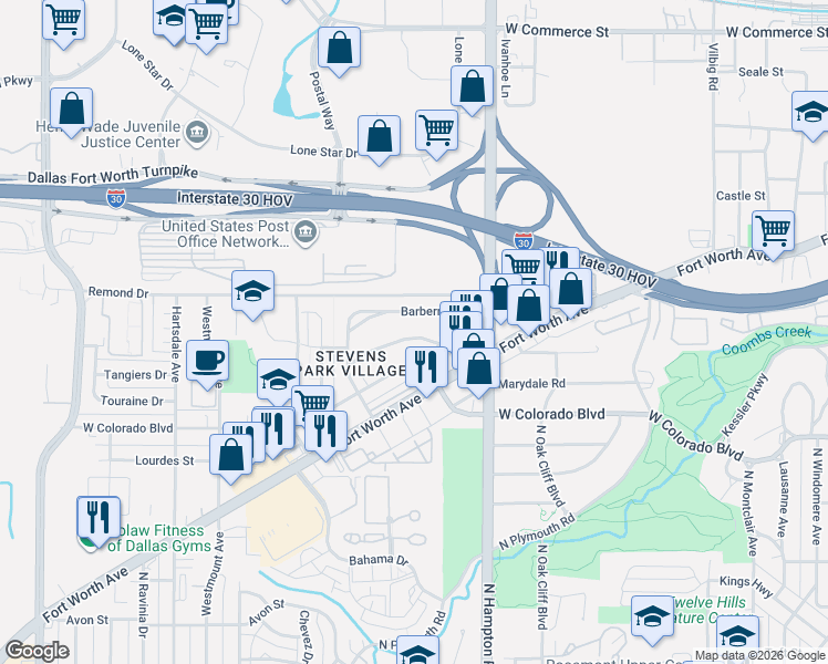 map of restaurants, bars, coffee shops, grocery stores, and more near 2219 Lawndale Drive in Dallas