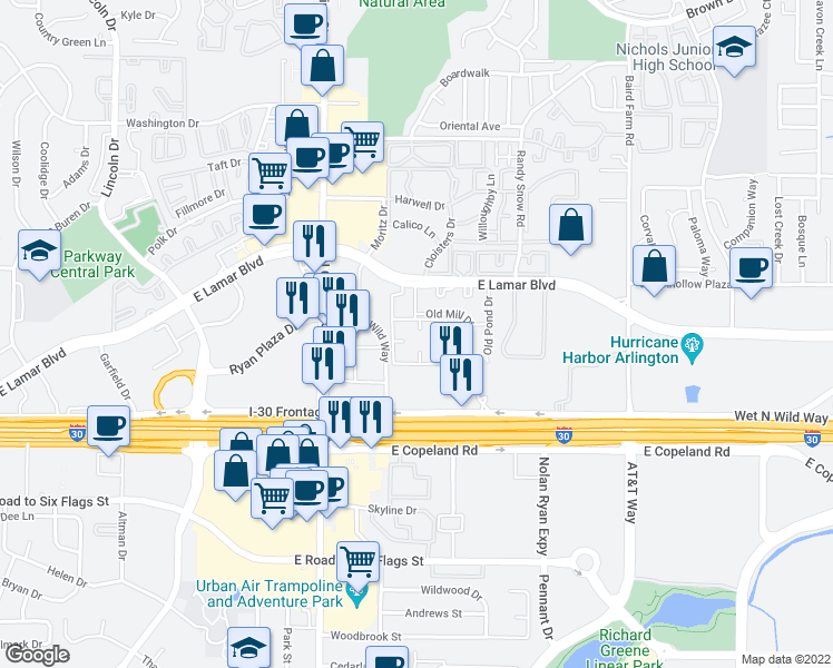 map of restaurants, bars, coffee shops, grocery stores, and more near 1100 East Lamar Boulevard in Arlington