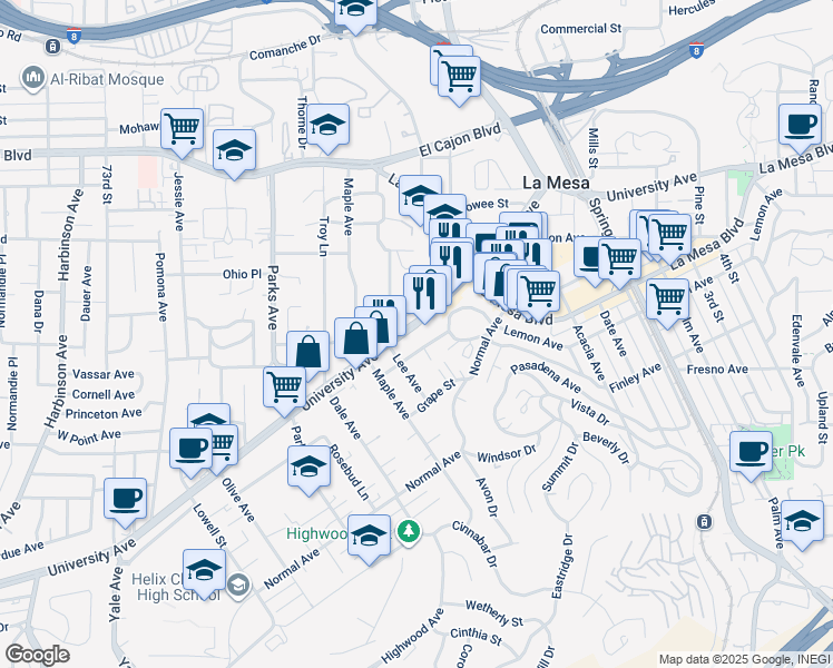 map of restaurants, bars, coffee shops, grocery stores, and more near 7851 University Avenue in La Mesa