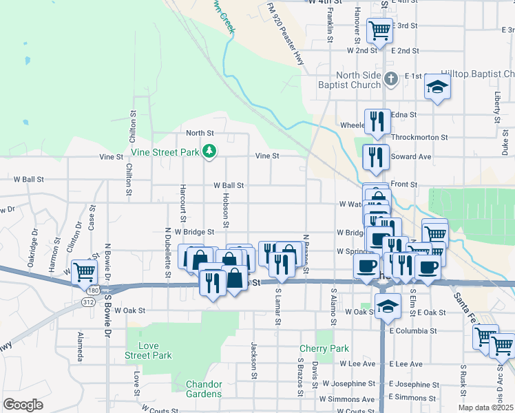 map of restaurants, bars, coffee shops, grocery stores, and more near 509 West Water Street in Weatherford