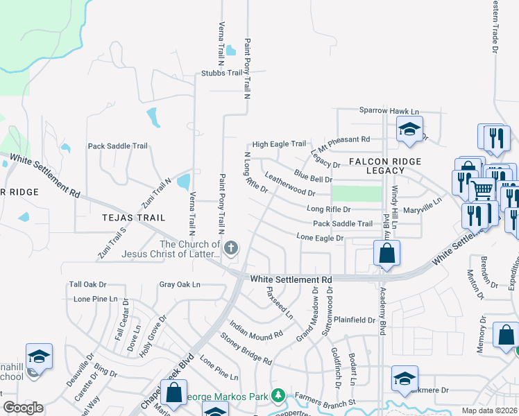 map of restaurants, bars, coffee shops, grocery stores, and more near 10205 Pack Saddle Court in Fort Worth