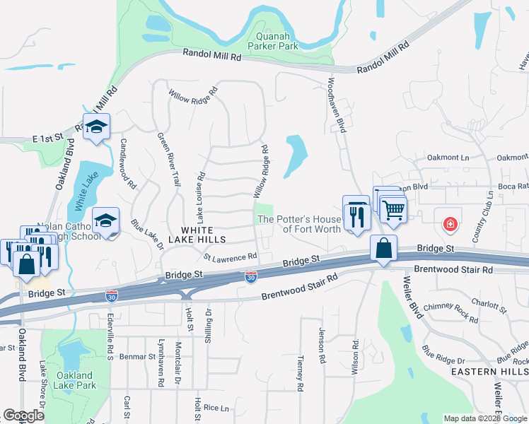 map of restaurants, bars, coffee shops, grocery stores, and more near 925 Willow Ridge Road in Fort Worth
