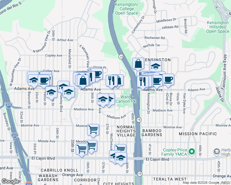 map of restaurants, bars, coffee shops, grocery stores, and more near 4688 East Mountain View Drive in San Diego