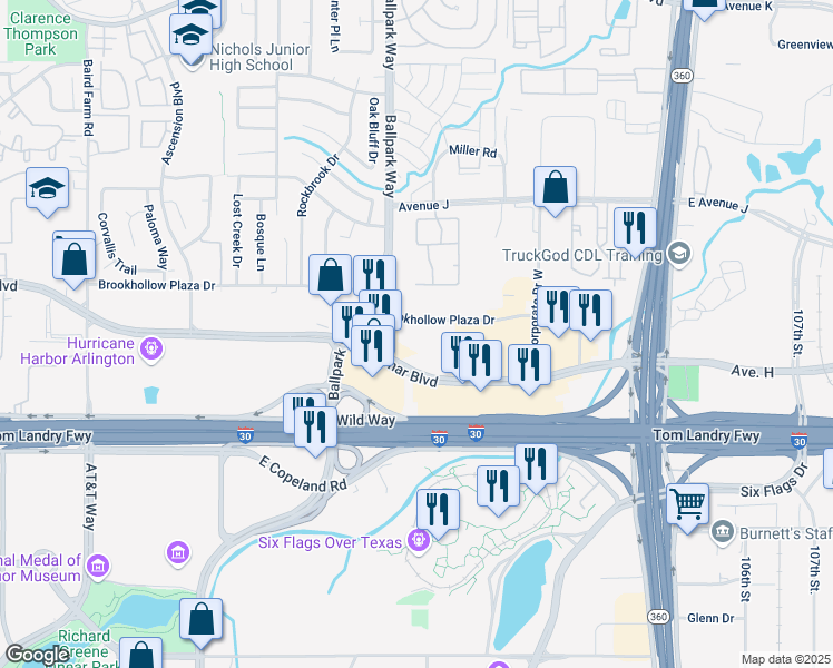 map of restaurants, bars, coffee shops, grocery stores, and more near 2200 Brookhollow Plaza Drive in Arlington