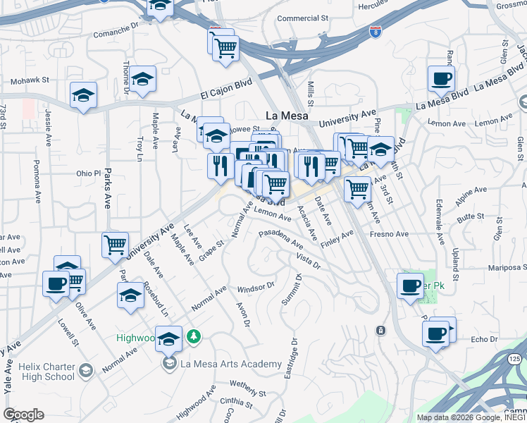 map of restaurants, bars, coffee shops, grocery stores, and more near 8072 Fairview Avenue in La Mesa