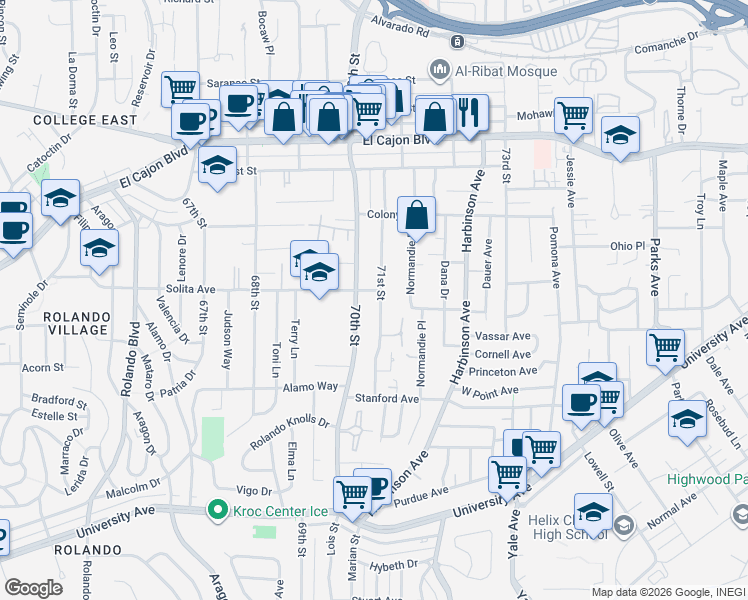 map of restaurants, bars, coffee shops, grocery stores, and more near 4625 70th Street in La Mesa