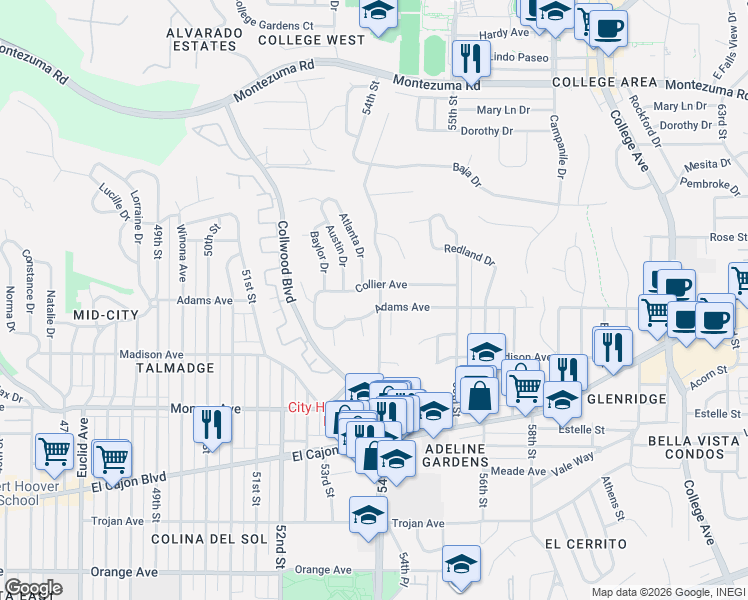 map of restaurants, bars, coffee shops, grocery stores, and more near 4720 54th Street in San Diego