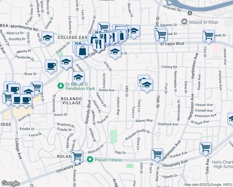 map of restaurants, bars, coffee shops, grocery stores, and more near 4666 Judson Way in La Mesa