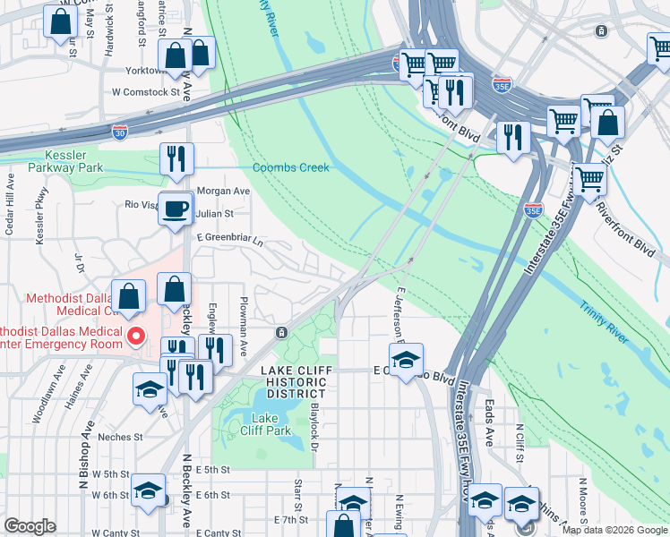 map of restaurants, bars, coffee shops, grocery stores, and more near 408 Trinity River Circle in Dallas