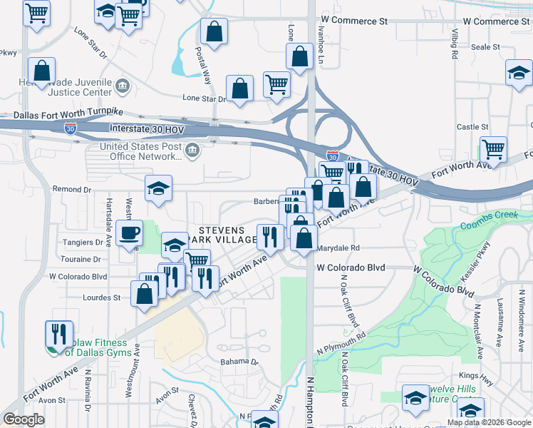 map of restaurants, bars, coffee shops, grocery stores, and more near 2219 Lawndale Drive in Dallas
