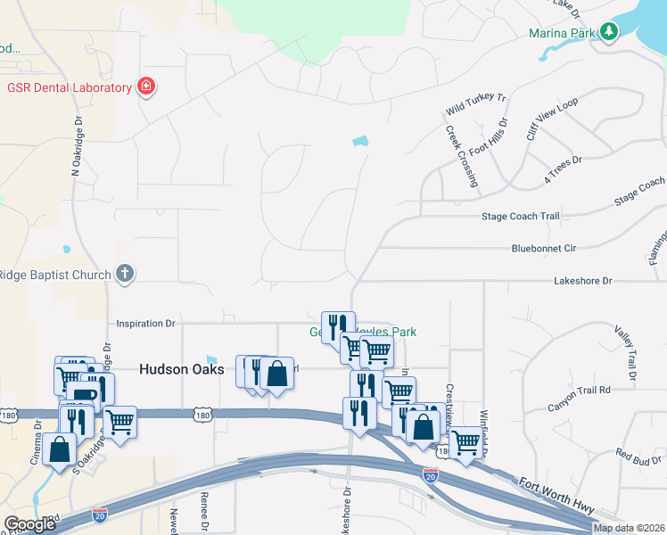 map of restaurants, bars, coffee shops, grocery stores, and more near 203 Lake Hollow Drive in Weatherford