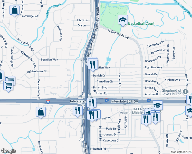 map of restaurants, bars, coffee shops, grocery stores, and more near 1514 King Arthur Drive in Grand Prairie
