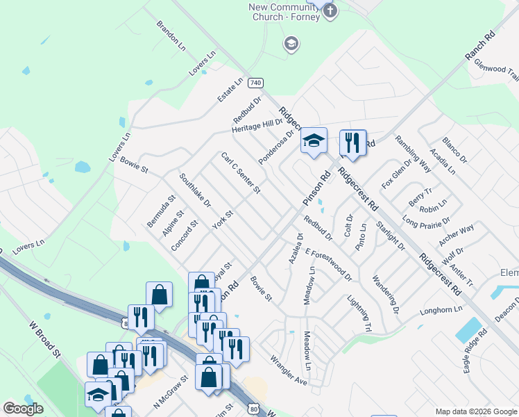 map of restaurants, bars, coffee shops, grocery stores, and more near 409 Carl C Senter Street in Forney